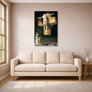 Unframed poster print of Salvador Dali's Crucifixion displayed on a wall in a living room