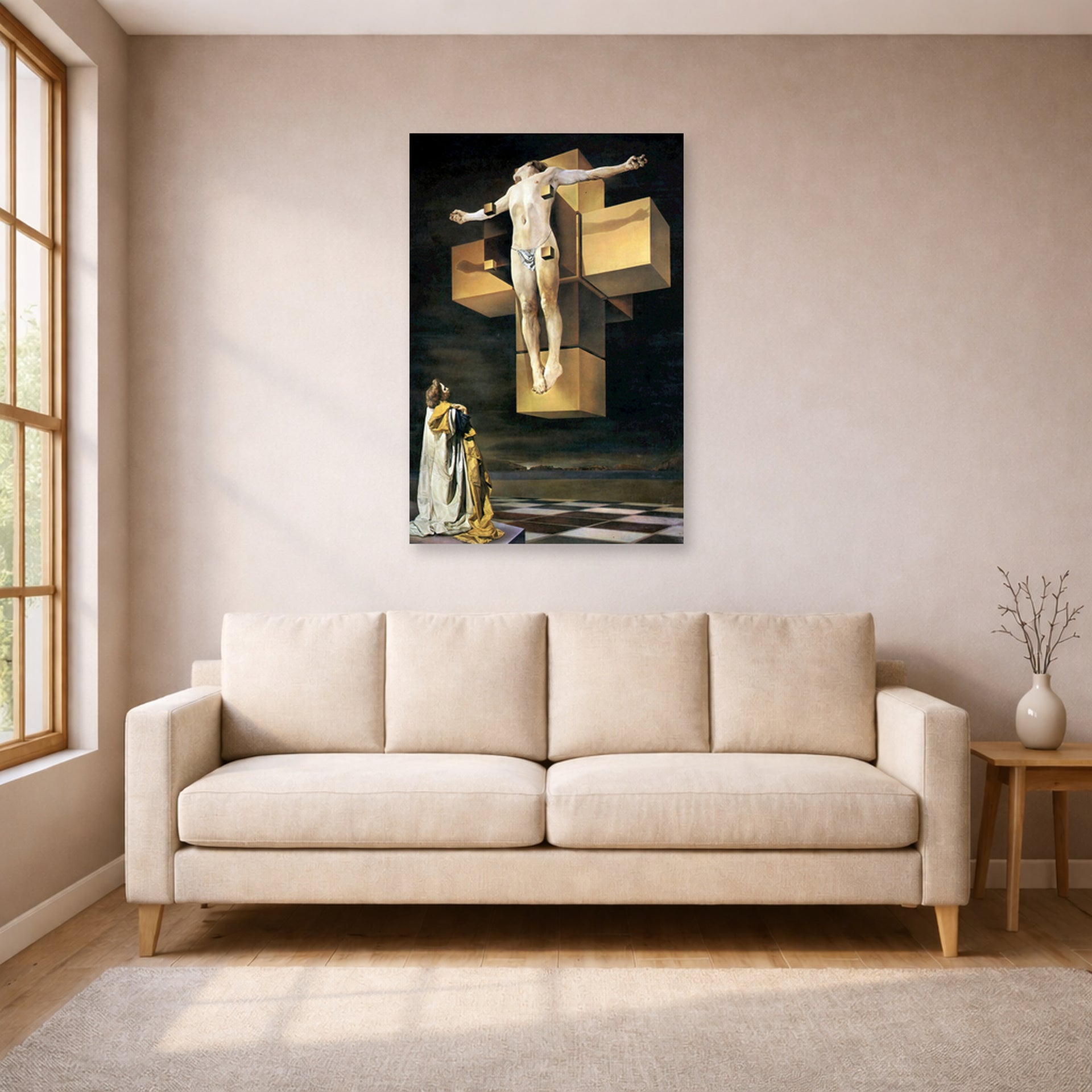 Unframed poster print of Salvador Dali's Crucifixion displayed on a wall in a living room