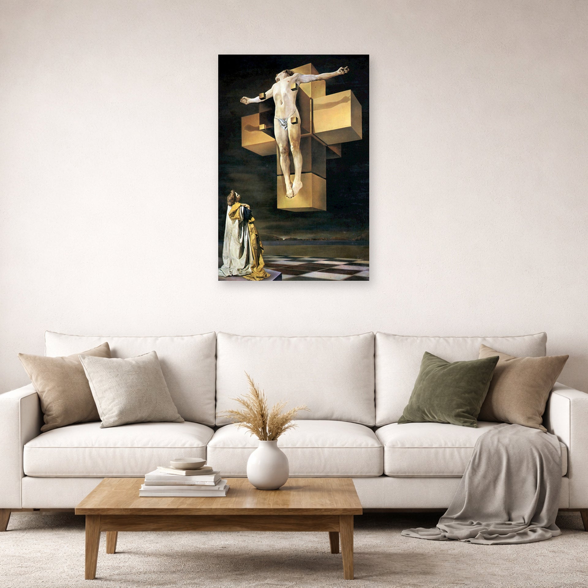 Unframed poster print of Salvador Dali's Crucifixion displayed on a wall in a living room