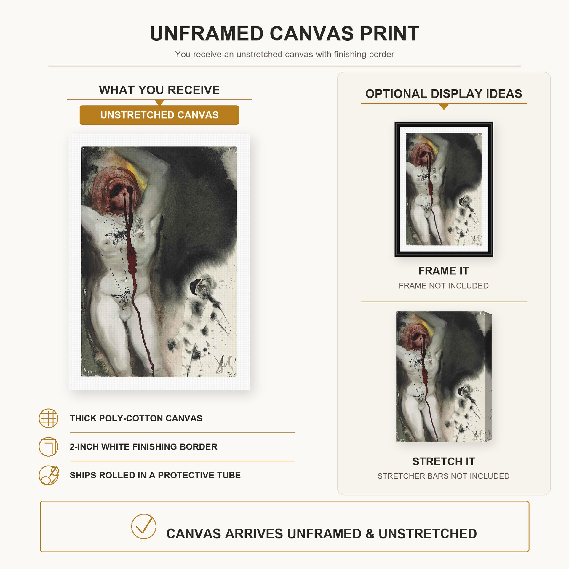 Salvador Dali - David and Goliath canvas print size comparison and framing display infographic
