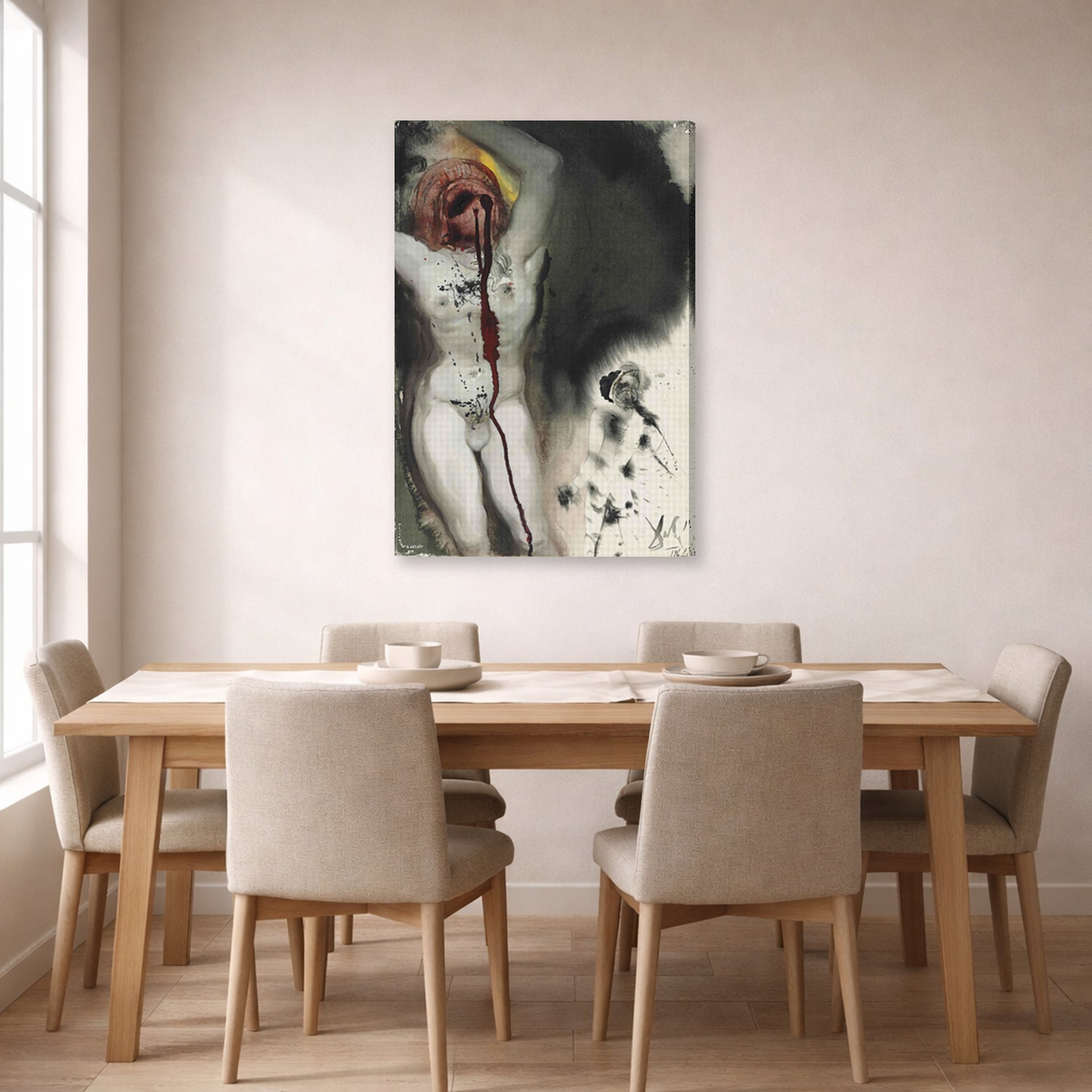 Gallery-wrapped canvas print of Salvador Dali's David and Goliath displayed on a wall in a dining room