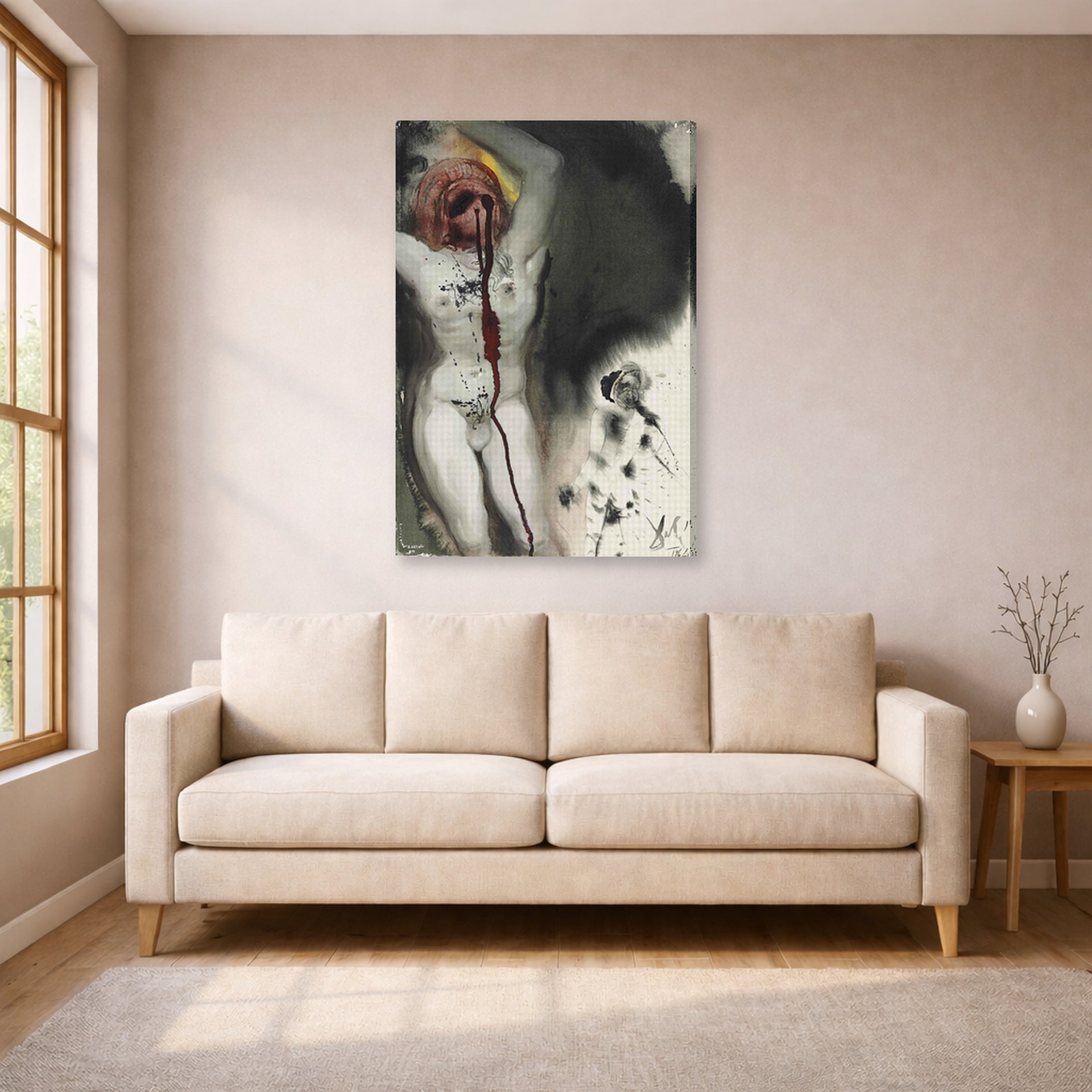 Gallery-wrapped canvas print of Salvador Dali's David and Goliath displayed on a wall in a living room