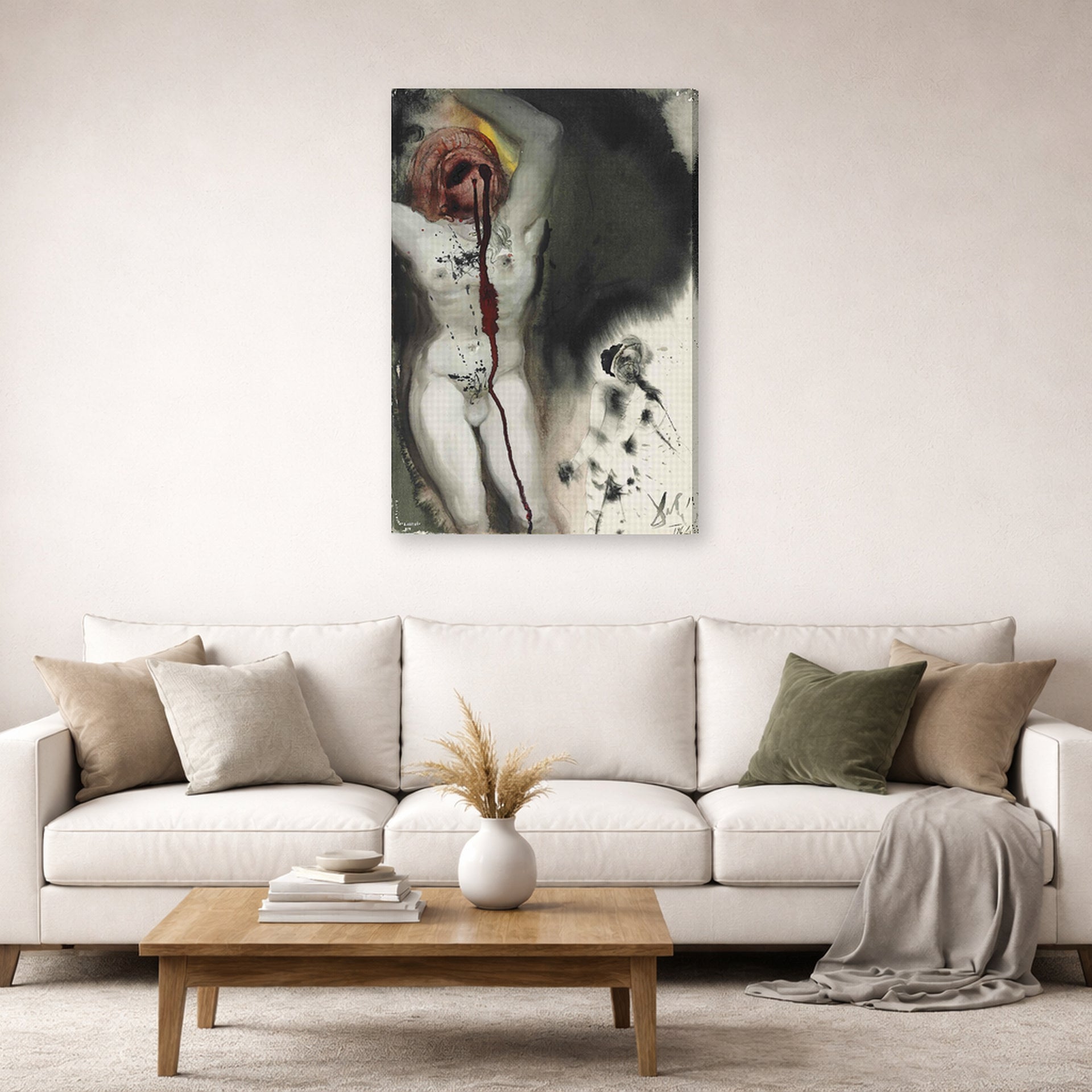 Gallery-wrapped canvas print of Salvador Dali's David and Goliath displayed on a wall in a living room