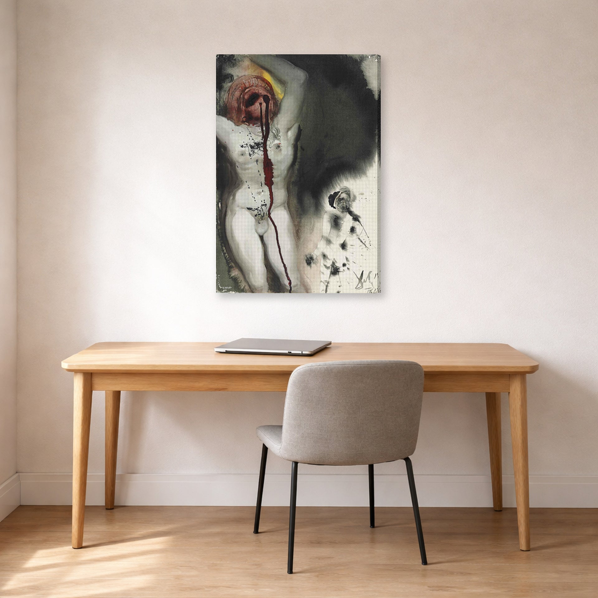 Gallery-wrapped canvas print of Salvador Dali's David and Goliath displayed on a wall in a office
