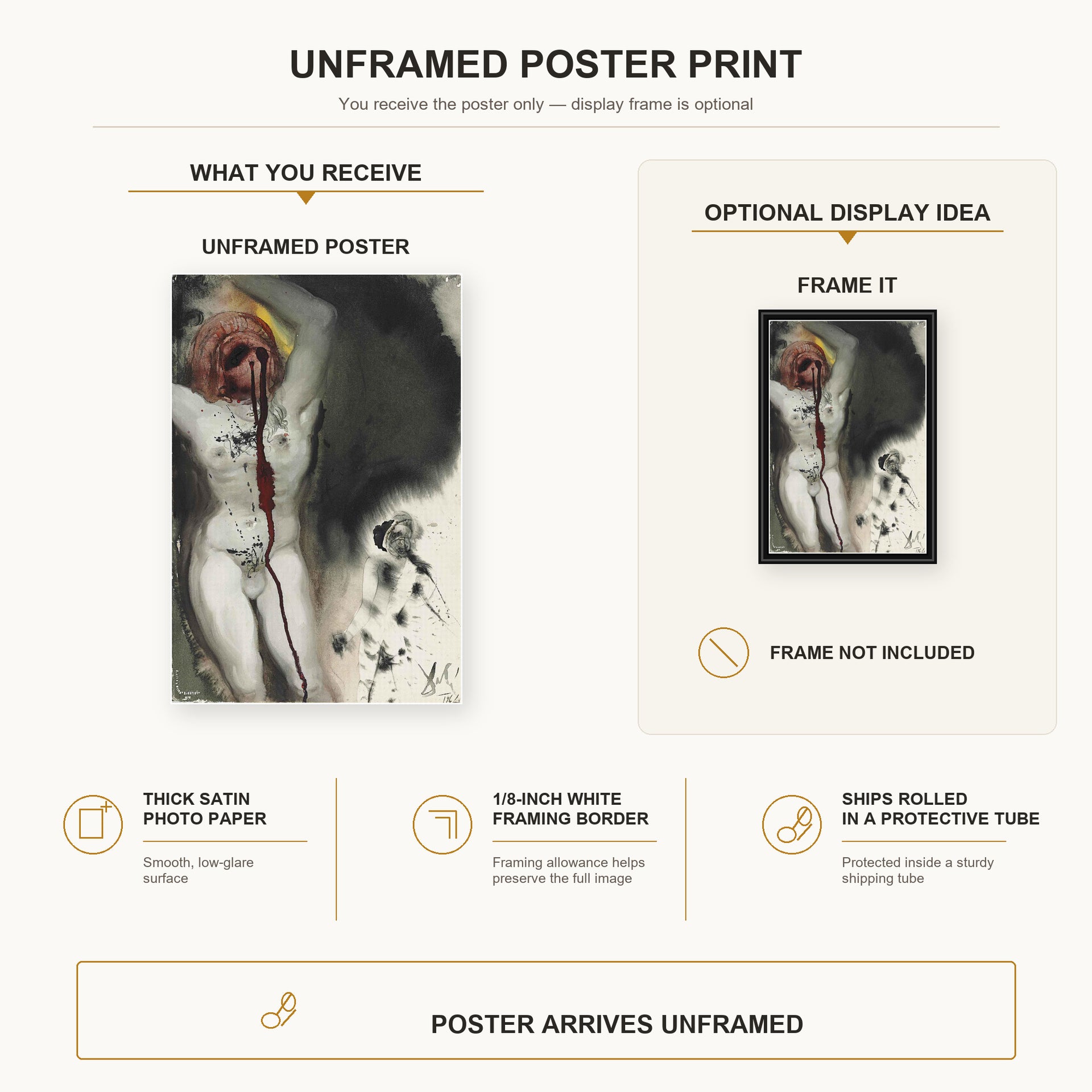 Salvador Dali - David and Goliath poster print size comparison and framing display infographic