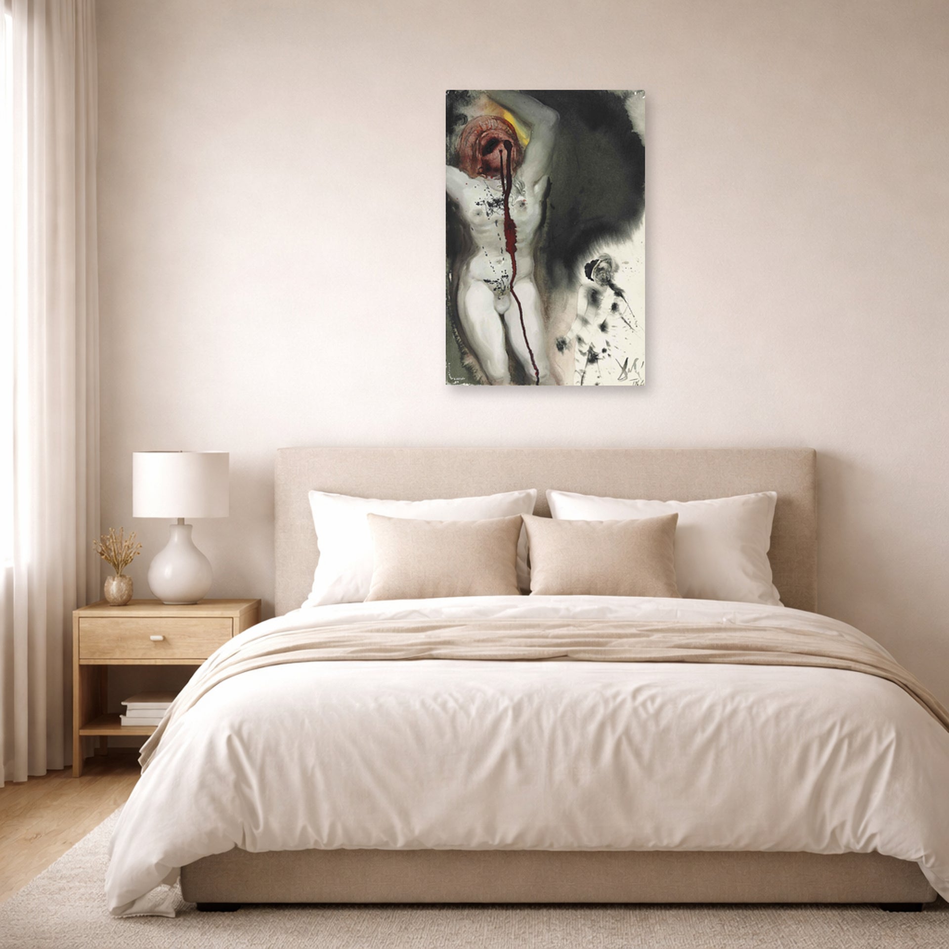 Unframed poster print of Salvador Dali's David and Goliath displayed on a wall in a bedroom