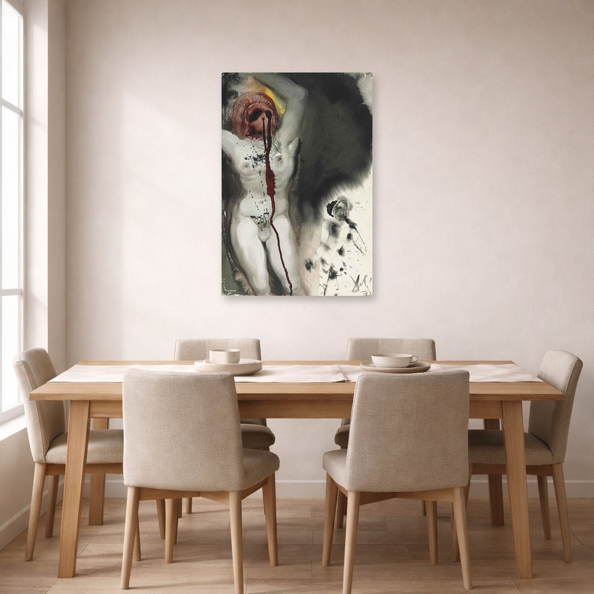 Unframed poster print of Salvador Dali's David and Goliath displayed on a wall in a dining room