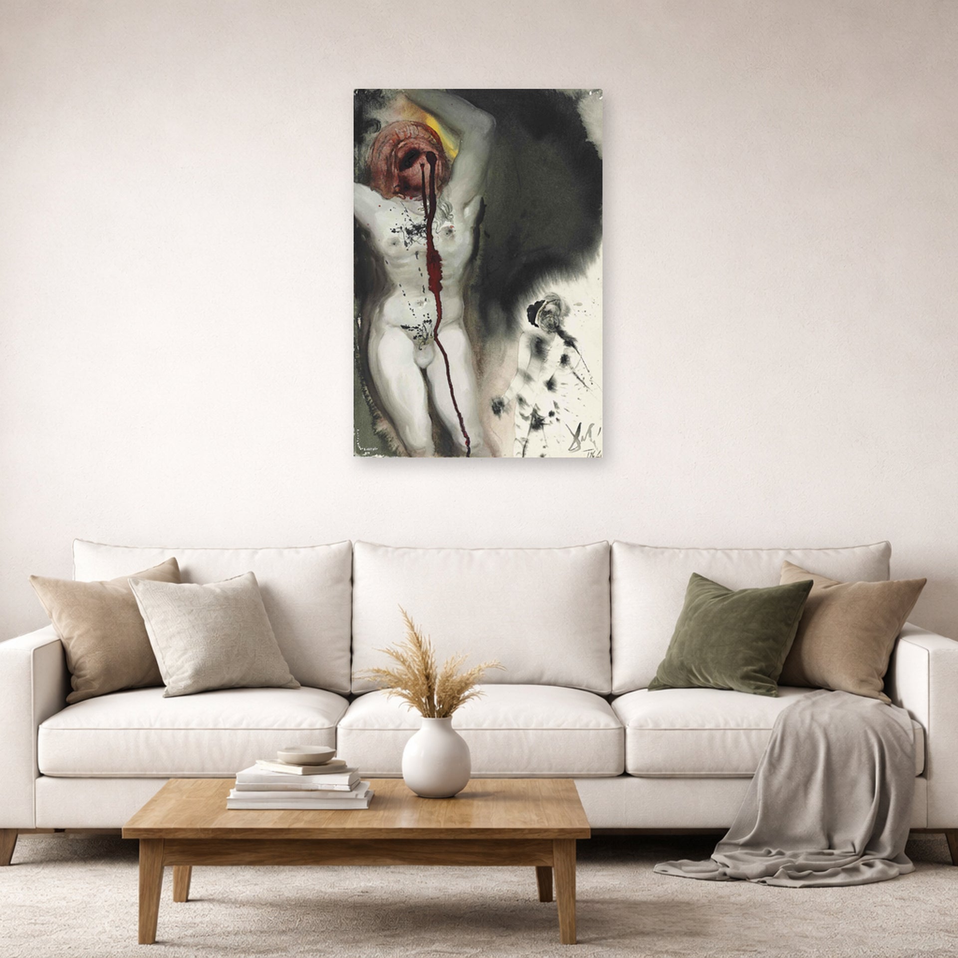 Unframed poster print of Salvador Dali's David and Goliath displayed on a wall in a living room