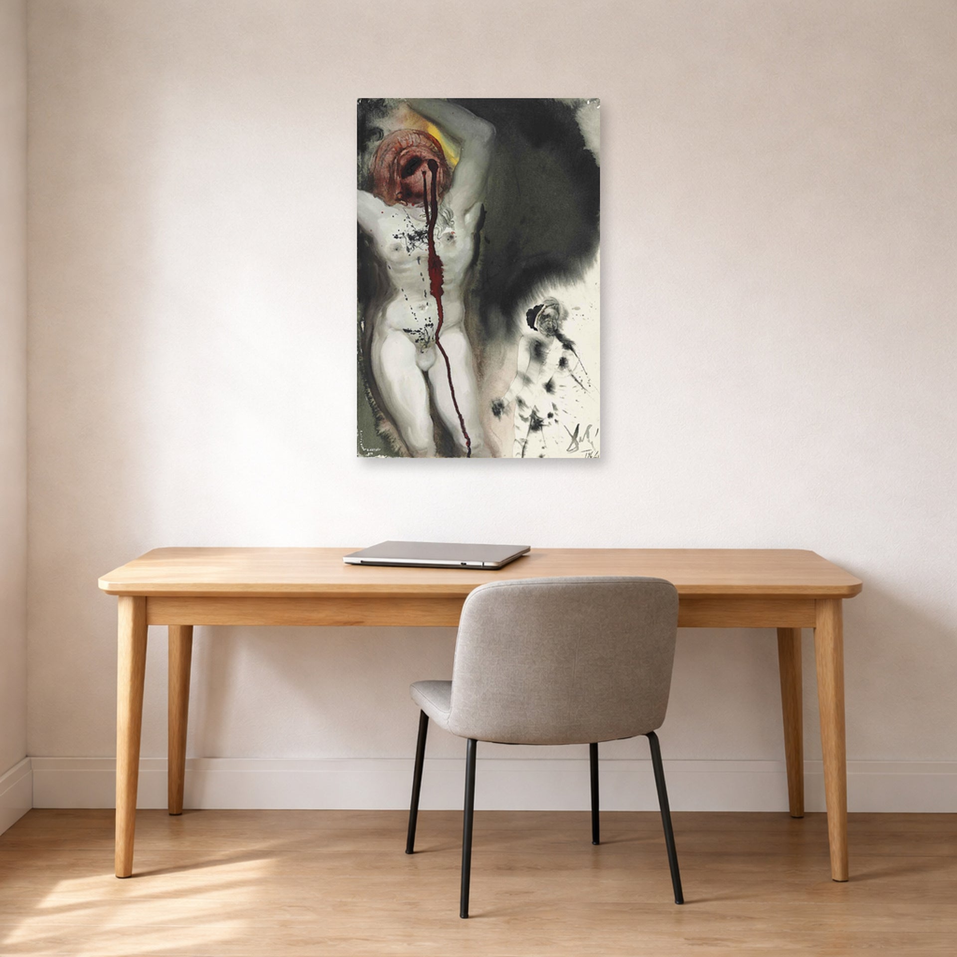 Unframed poster print of Salvador Dali's David and Goliath displayed on a wall in a office