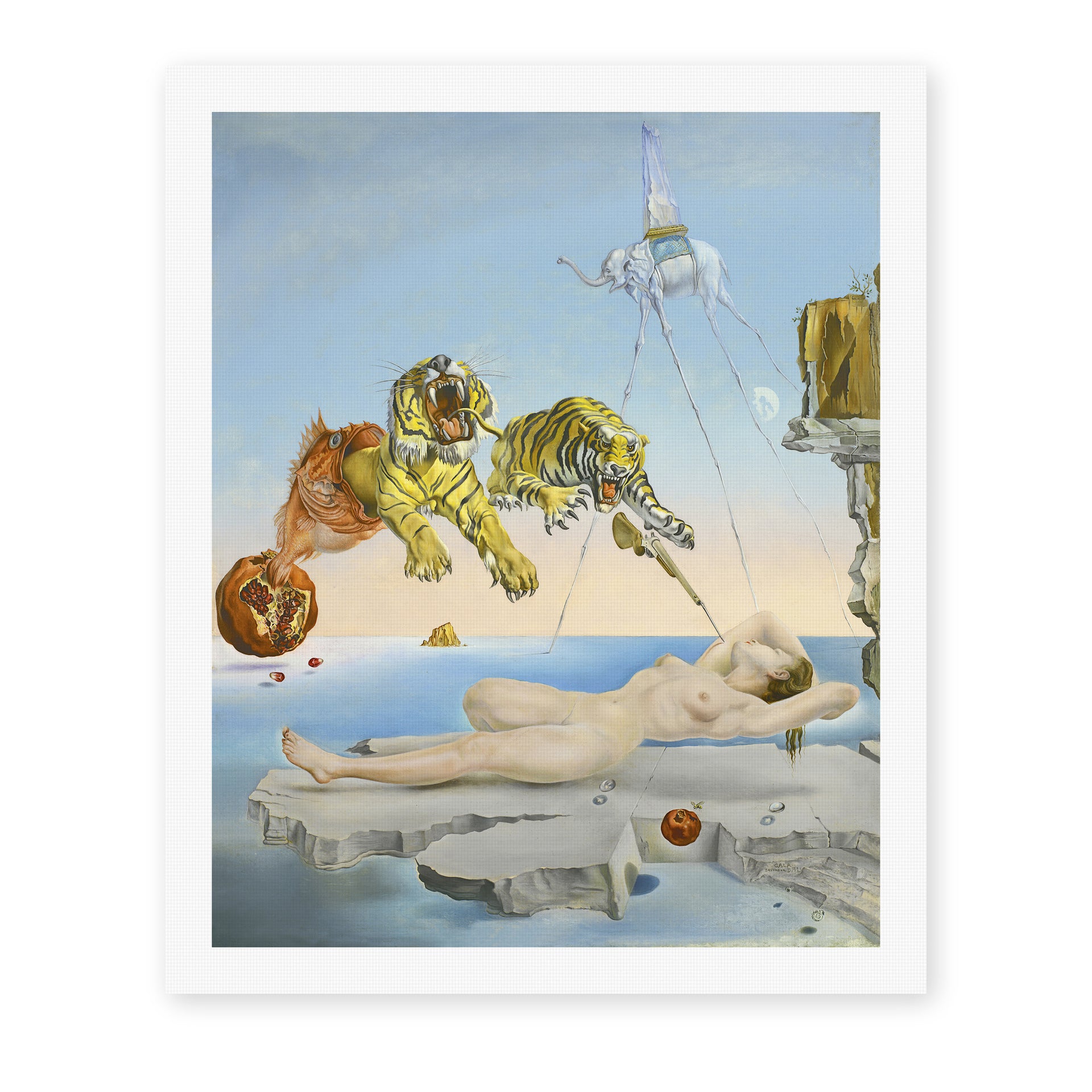 Salvador Dali's 'Dream Caused by the Flight of a Bee around a Pomegranate a Second before Wakening up' painting reproduced as a rolled canvas print