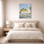Gallery-wrapped canvas print of Salvador Dali's Dream Caused by the Flight of a Bee around a Pomegranate a Second before Wakening up displayed on a wall in a bedroom