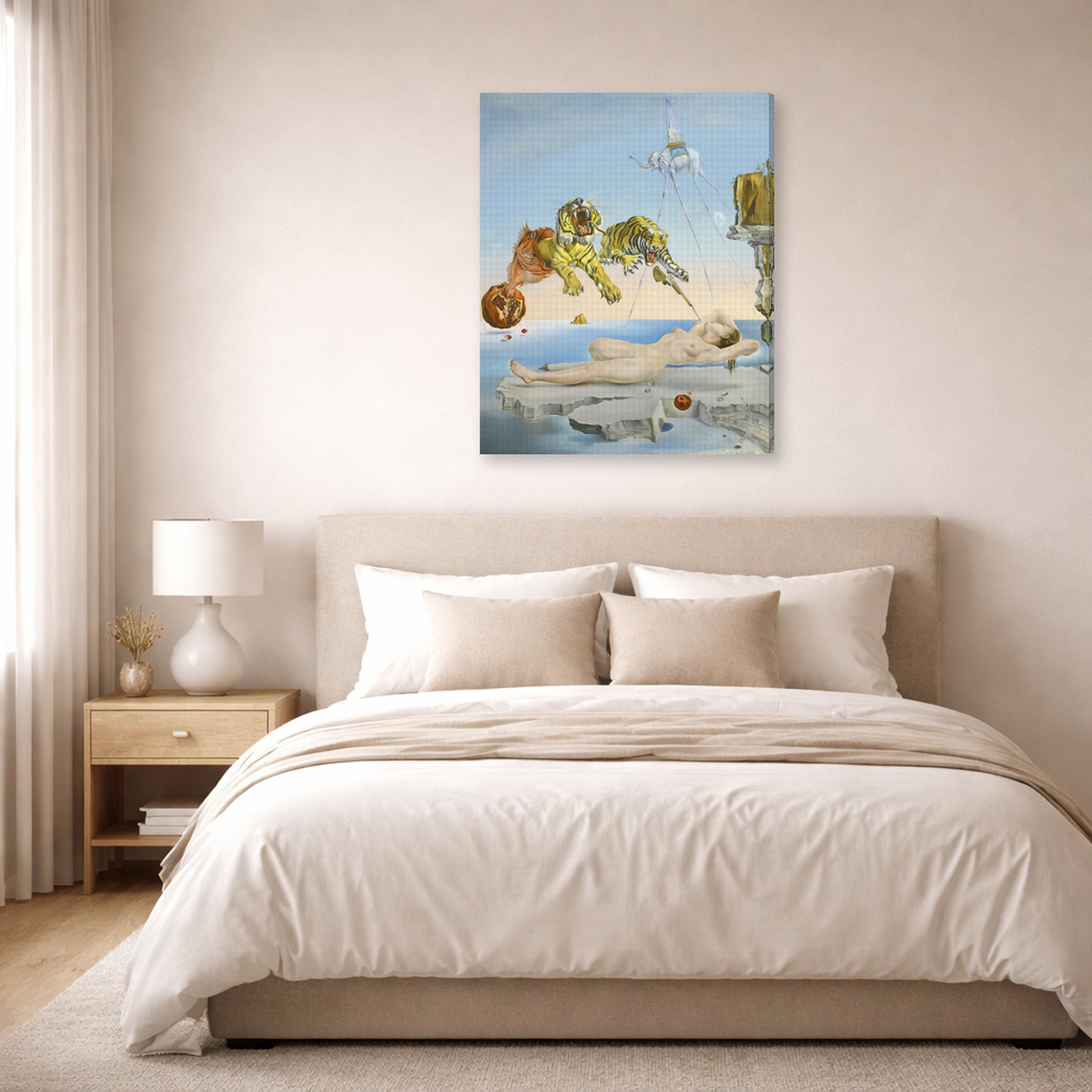 Gallery-wrapped canvas print of Salvador Dali's Dream Caused by the Flight of a Bee around a Pomegranate a Second before Wakening up displayed on a wall in a bedroom