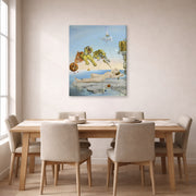 Gallery-wrapped canvas print of Salvador Dali's Dream Caused by the Flight of a Bee around a Pomegranate a Second before Wakening up displayed on a wall in a dining room
