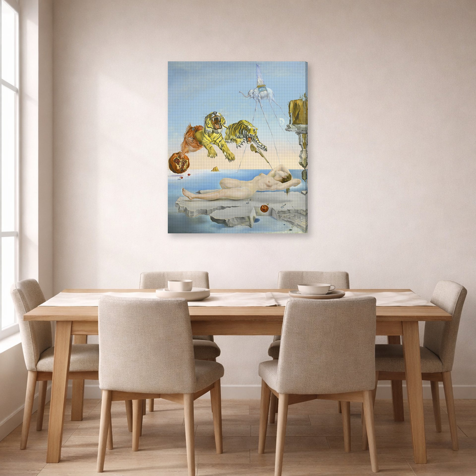 Gallery-wrapped canvas print of Salvador Dali's Dream Caused by the Flight of a Bee around a Pomegranate a Second before Wakening up displayed on a wall in a dining room