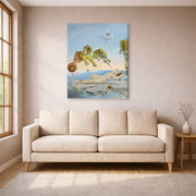 Gallery-wrapped canvas print of Salvador Dali's Dream Caused by the Flight of a Bee around a Pomegranate a Second before Wakening up displayed on a wall in a living room