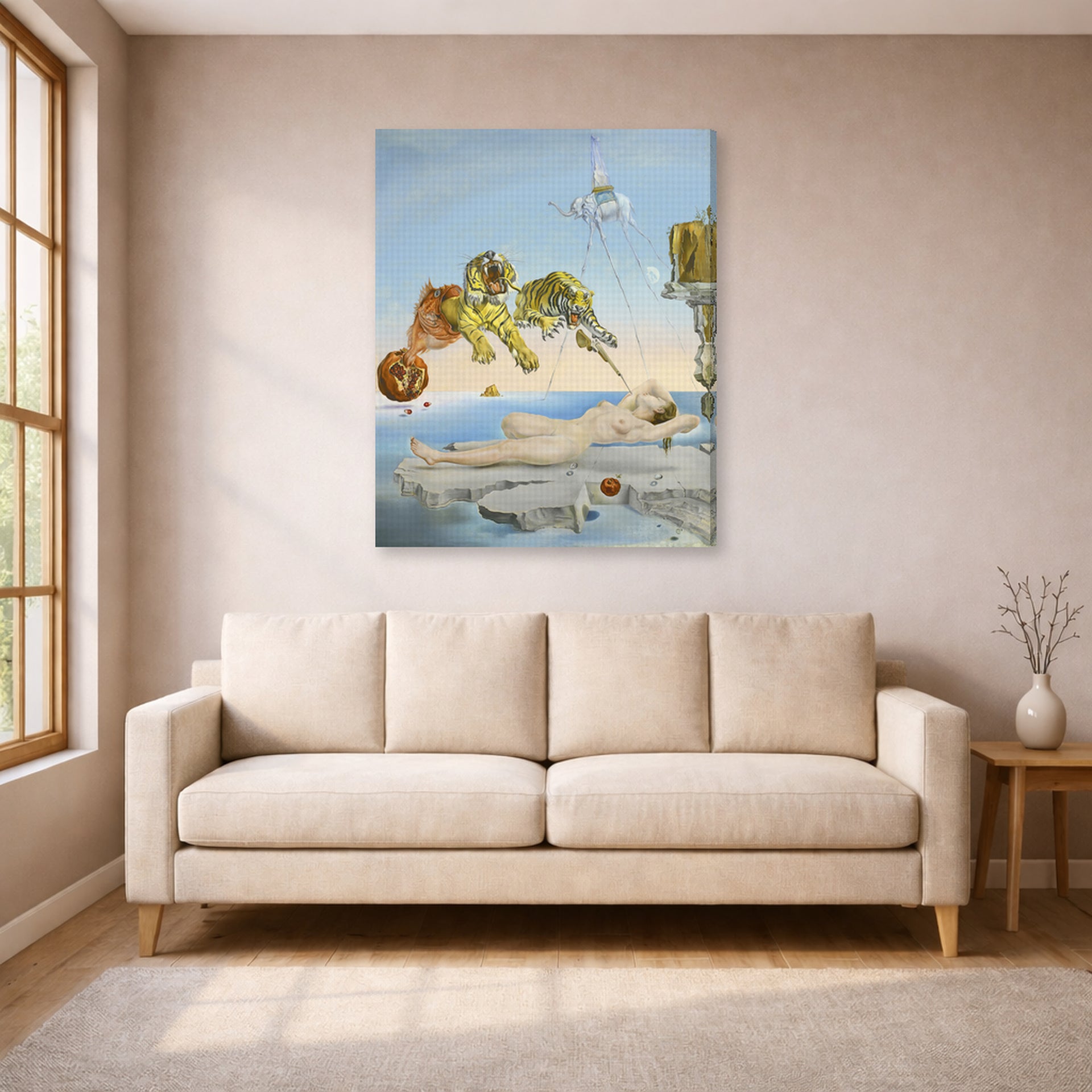 Gallery-wrapped canvas print of Salvador Dali's Dream Caused by the Flight of a Bee around a Pomegranate a Second before Wakening up displayed on a wall in a living room