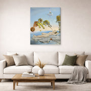 Gallery-wrapped canvas print of Salvador Dali's Dream Caused by the Flight of a Bee around a Pomegranate a Second before Wakening up displayed on a wall in a living room