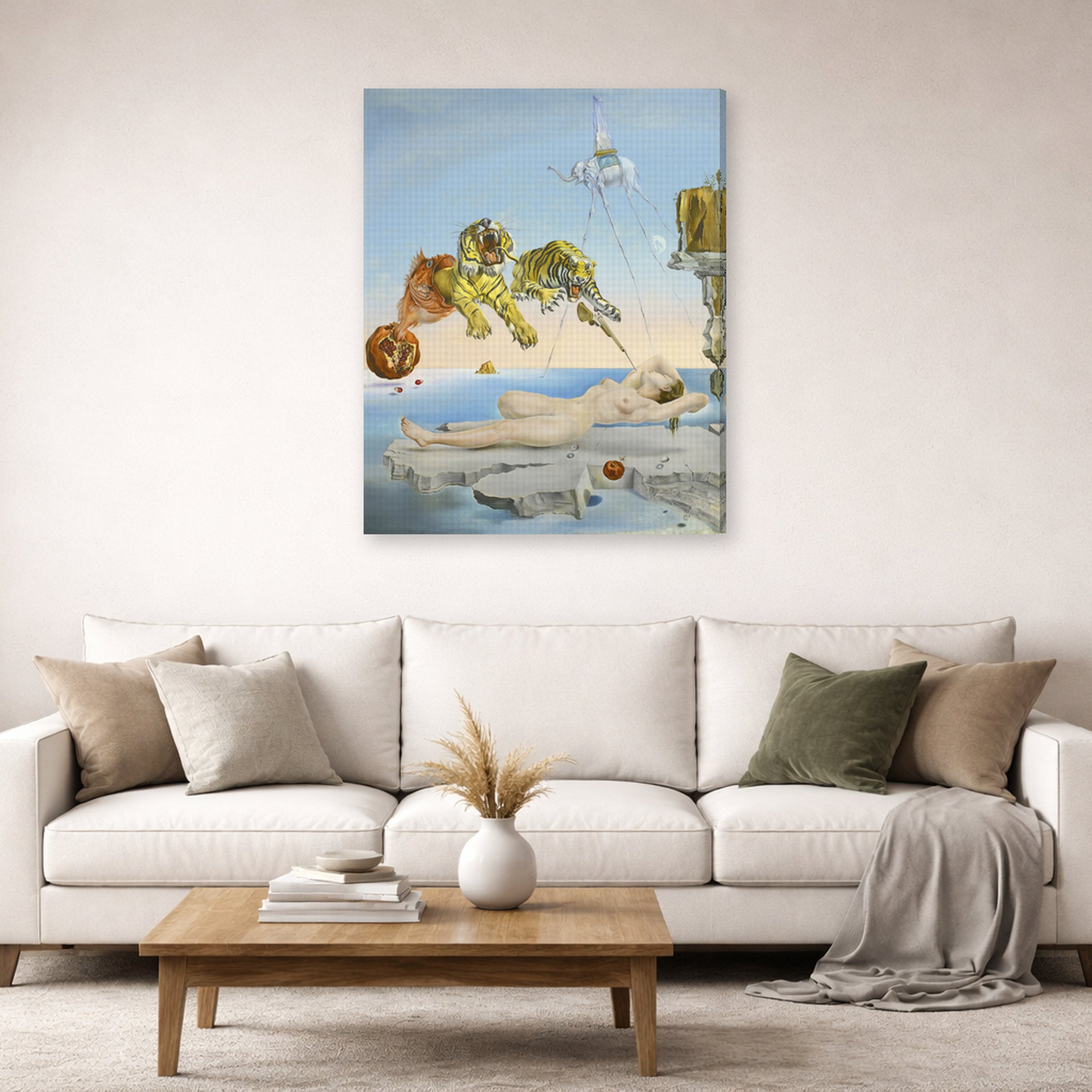 Gallery-wrapped canvas print of Salvador Dali's Dream Caused by the Flight of a Bee around a Pomegranate a Second before Wakening up displayed on a wall in a living room