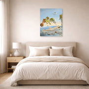 Unframed poster print of Salvador Dali's Dream Caused by the Flight of a Bee around a Pomegranate a Second before Wakening up displayed on a wall in a bedroom