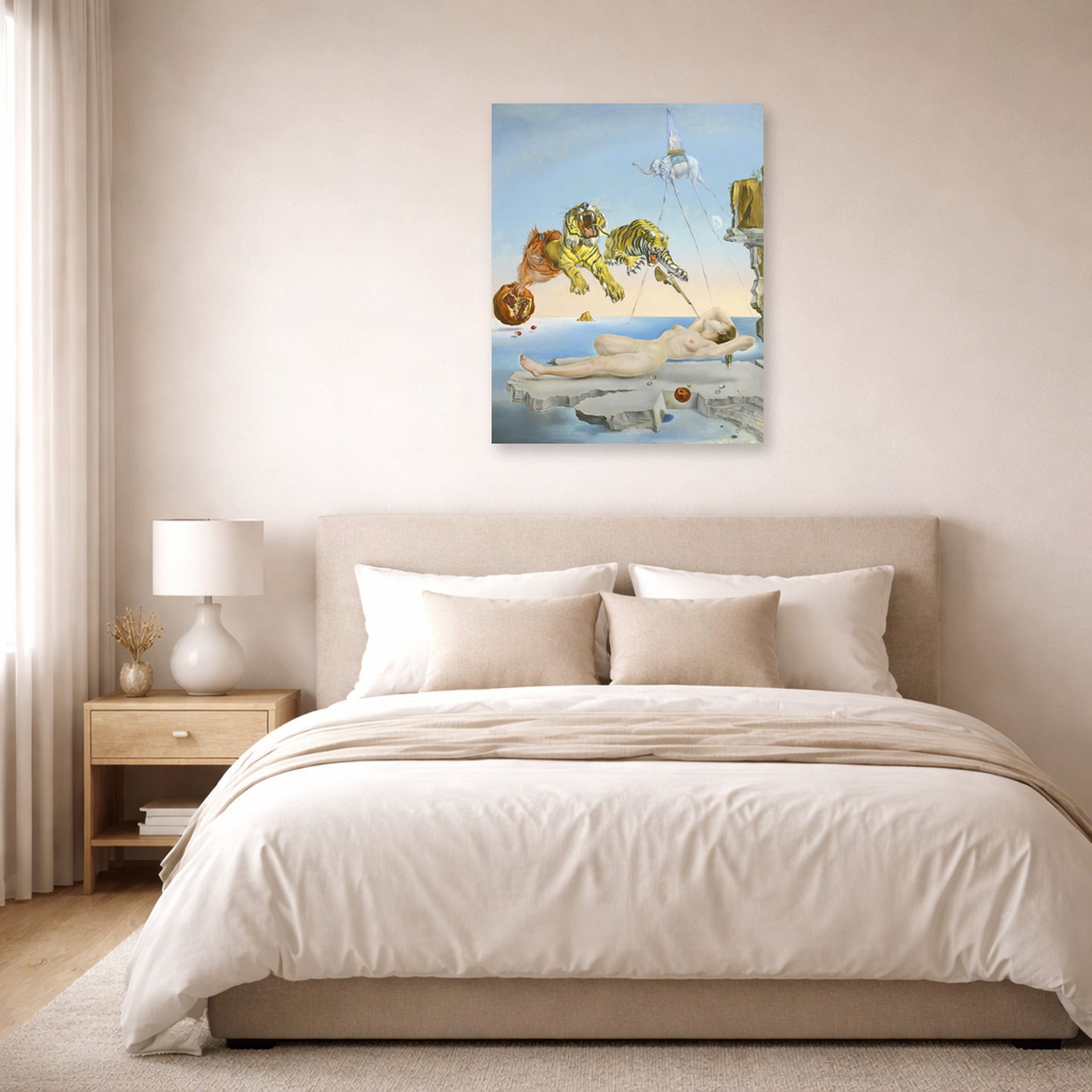 Unframed poster print of Salvador Dali's Dream Caused by the Flight of a Bee around a Pomegranate a Second before Wakening up displayed on a wall in a bedroom