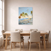Unframed poster print of Salvador Dali's Dream Caused by the Flight of a Bee around a Pomegranate a Second before Wakening up displayed on a wall in a dining room