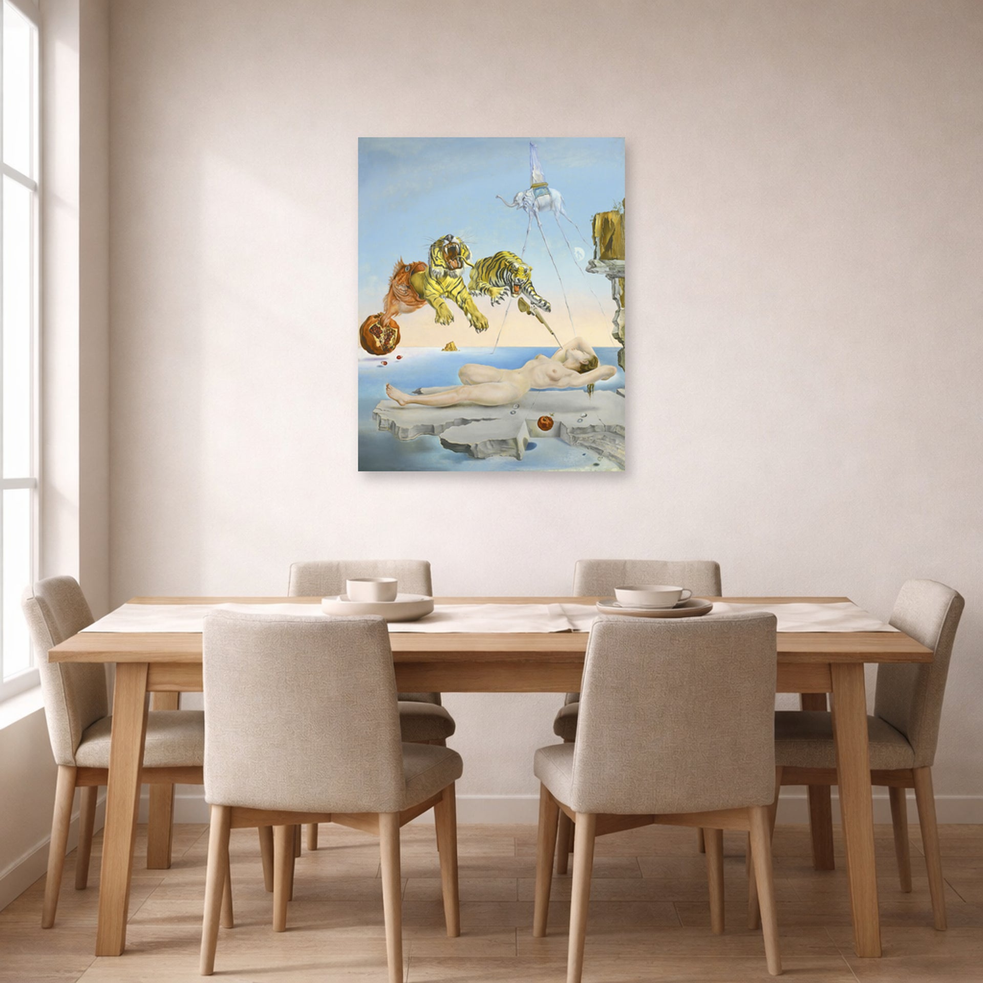 Unframed poster print of Salvador Dali's Dream Caused by the Flight of a Bee around a Pomegranate a Second before Wakening up displayed on a wall in a dining room