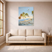 Unframed poster print of Salvador Dali's Dream Caused by the Flight of a Bee around a Pomegranate a Second before Wakening up displayed on a wall in a living room
