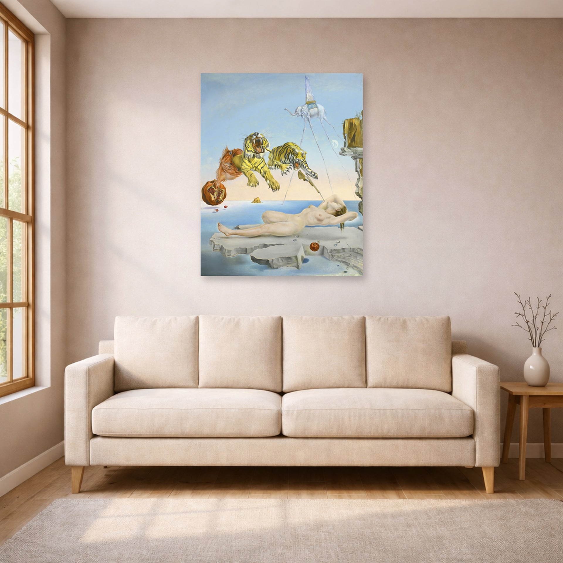 Unframed poster print of Salvador Dali's Dream Caused by the Flight of a Bee around a Pomegranate a Second before Wakening up displayed on a wall in a living room