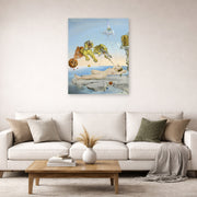 Unframed poster print of Salvador Dali's Dream Caused by the Flight of a Bee around a Pomegranate a Second before Wakening up displayed on a wall in a living room