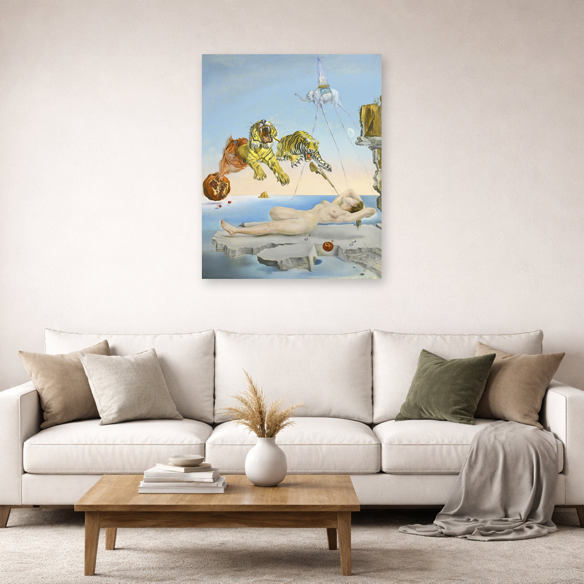 Unframed poster print of Salvador Dali's Dream Caused by the Flight of a Bee around a Pomegranate a Second before Wakening up displayed on a wall in a living room