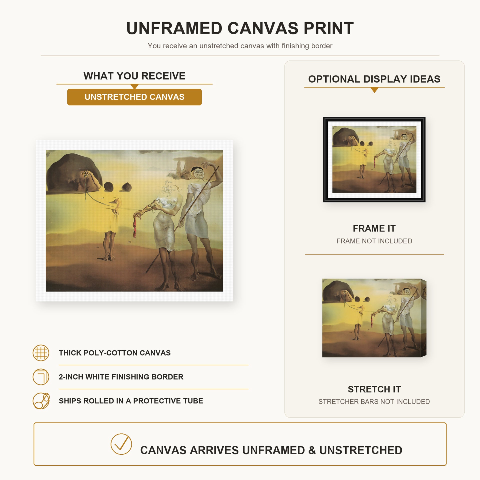 Salvador Dali - Enchanted Beach with Three Fluid Grace canvas print size comparison and framing display infographic