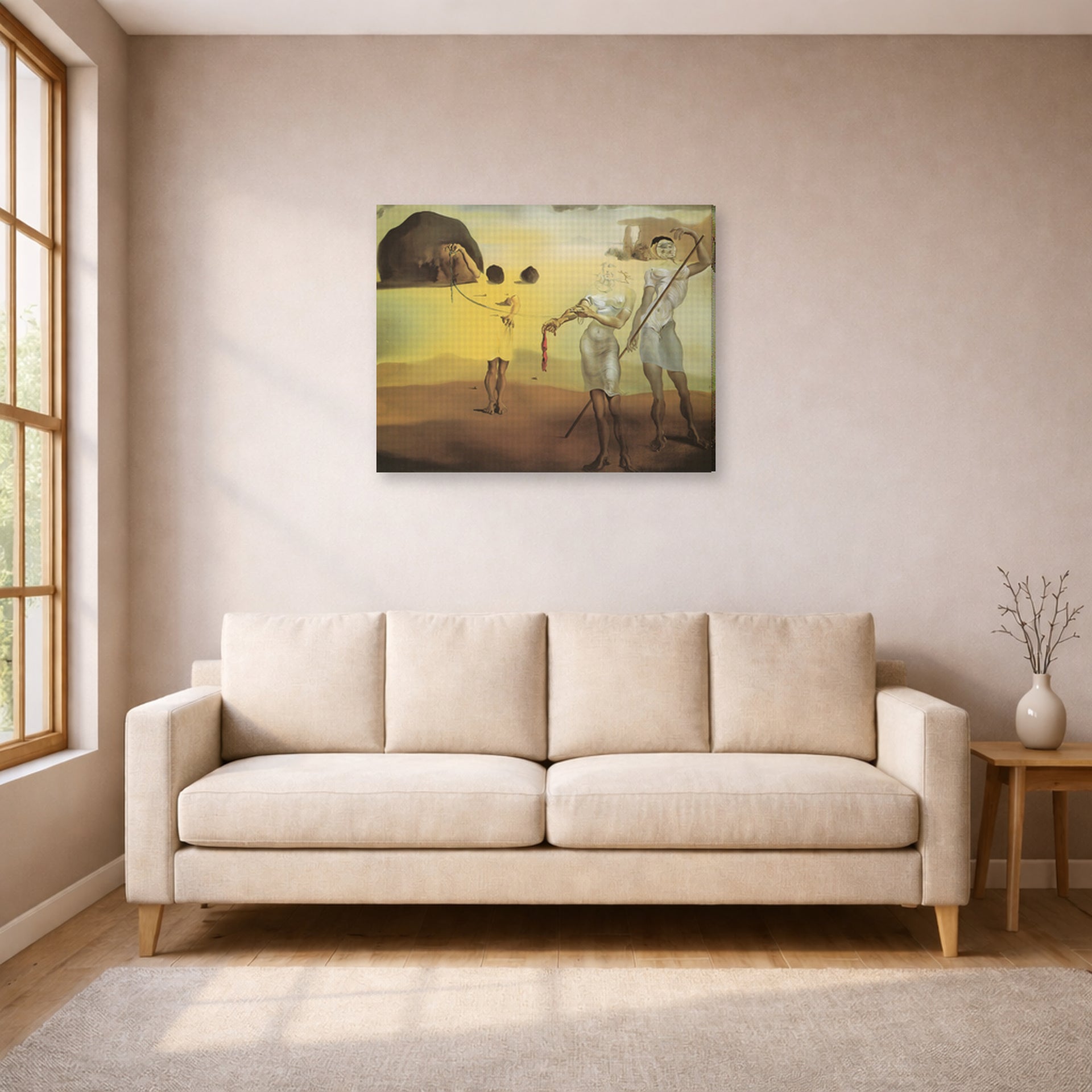 Gallery-wrapped canvas print of Salvador Dali's Enchanted Beach with Three Fluid Grace displayed on a wall in a living room