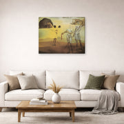 Gallery-wrapped canvas print of Salvador Dali's Enchanted Beach with Three Fluid Grace displayed on a wall in a living room
