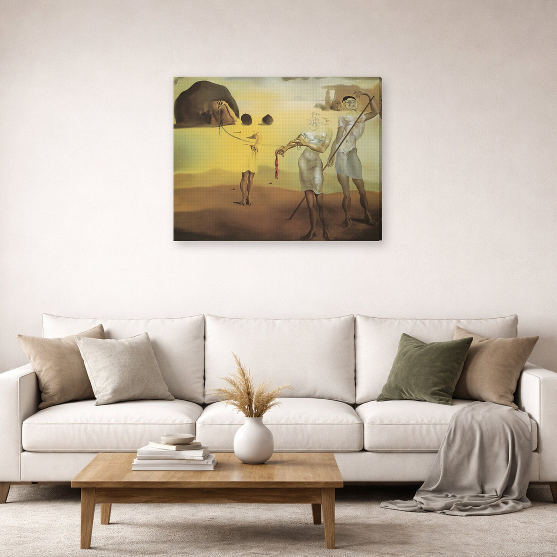 Gallery-wrapped canvas print of Salvador Dali's Enchanted Beach with Three Fluid Grace displayed on a wall in a living room