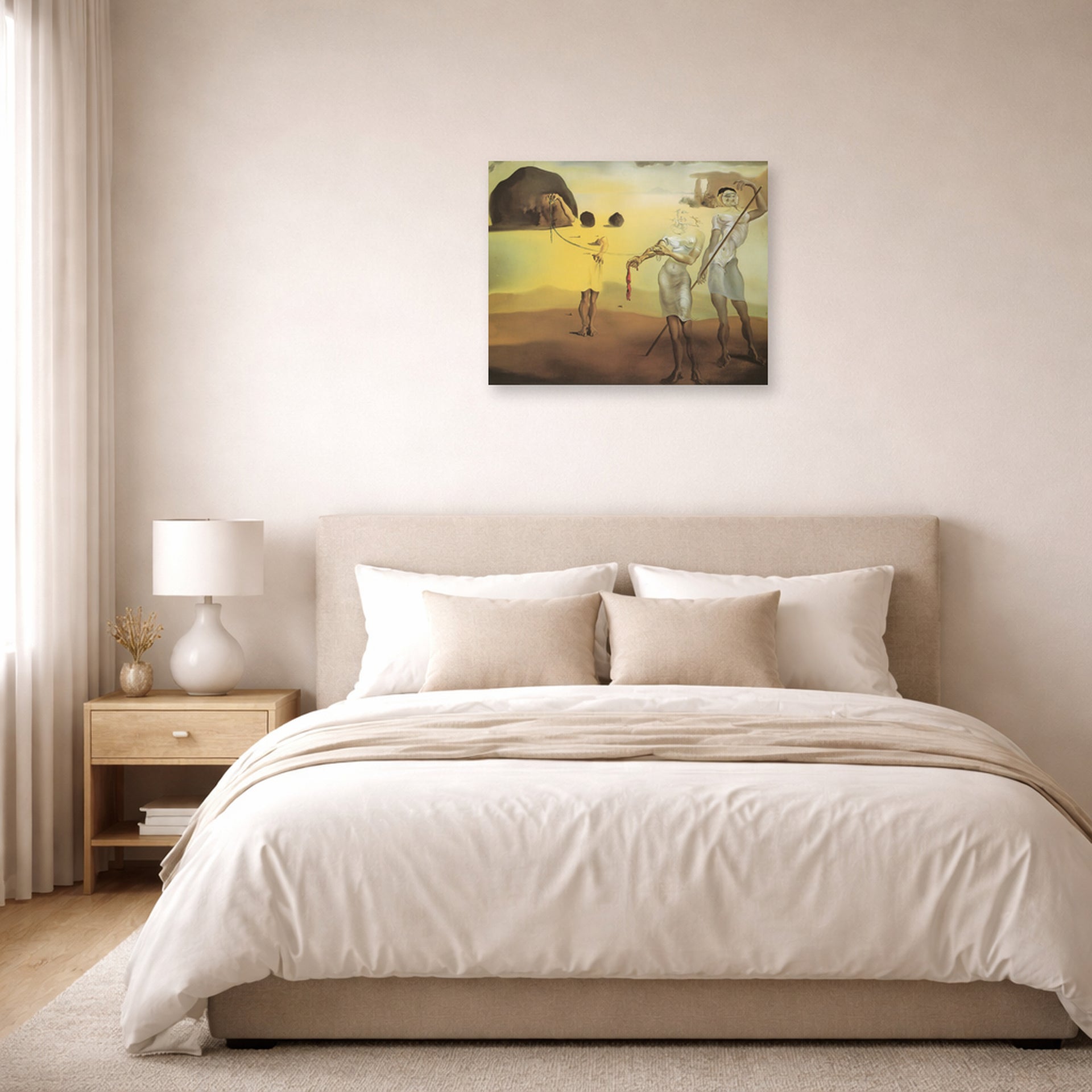 Unframed poster print of Salvador Dali's Enchanted Beach with Three Fluid Grace displayed on a wall in a bedroom