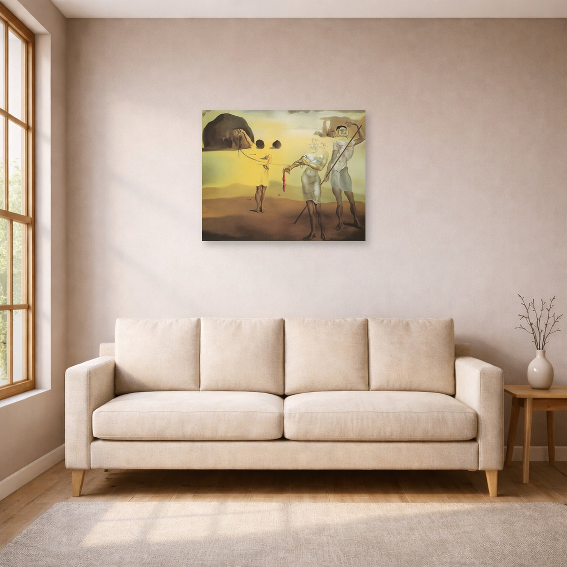 Unframed poster print of Salvador Dali's Enchanted Beach with Three Fluid Grace displayed on a wall in a living room