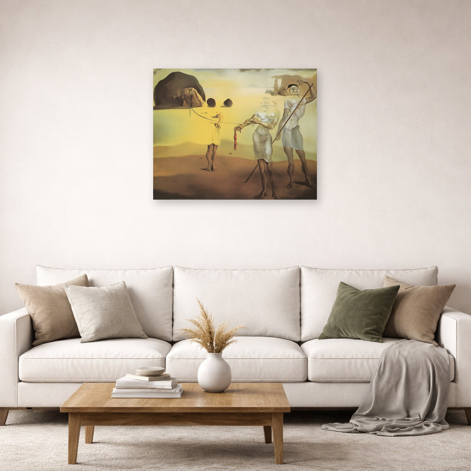 Unframed poster print of Salvador Dali's Enchanted Beach with Three Fluid Grace displayed on a wall in a living room
