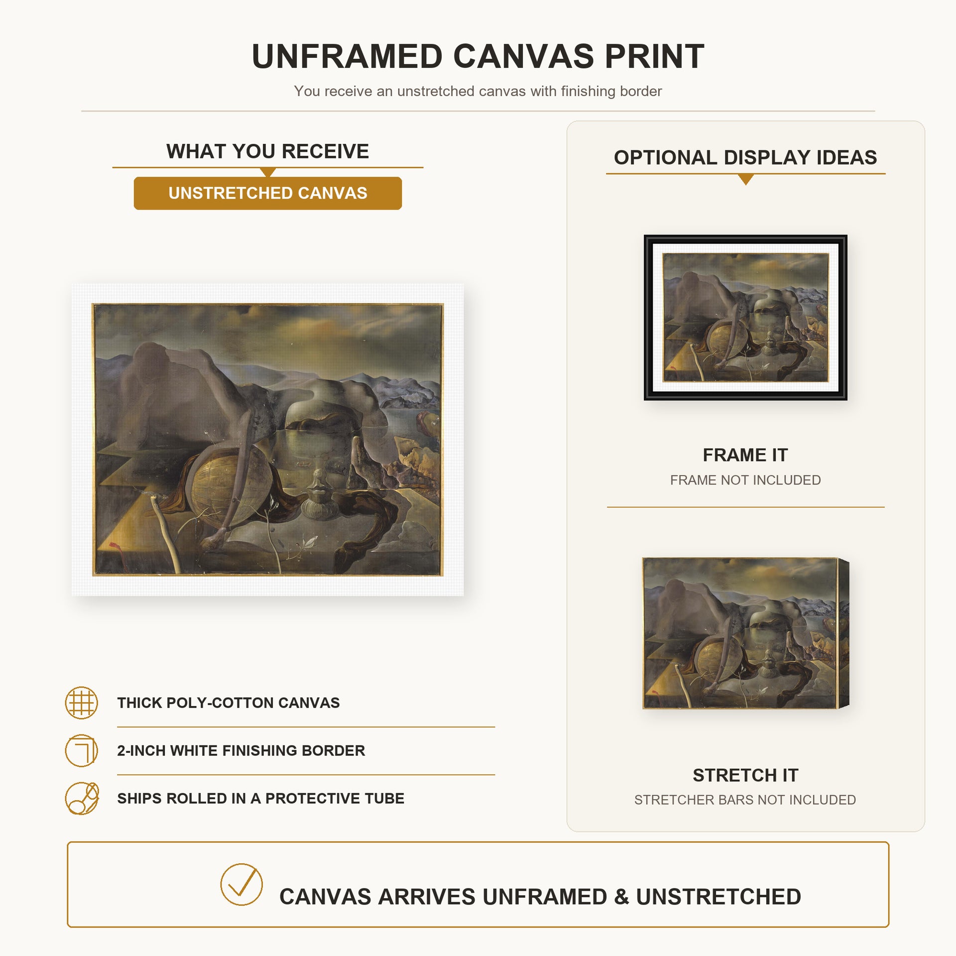 Salvador Dali - Endless Enigma canvas print size comparison and framing display infographic