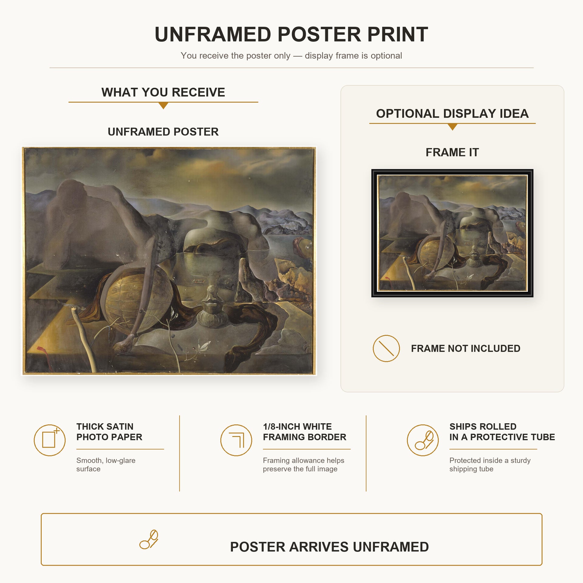 Salvador Dali - Endless Enigma poster print size comparison and framing display infographic