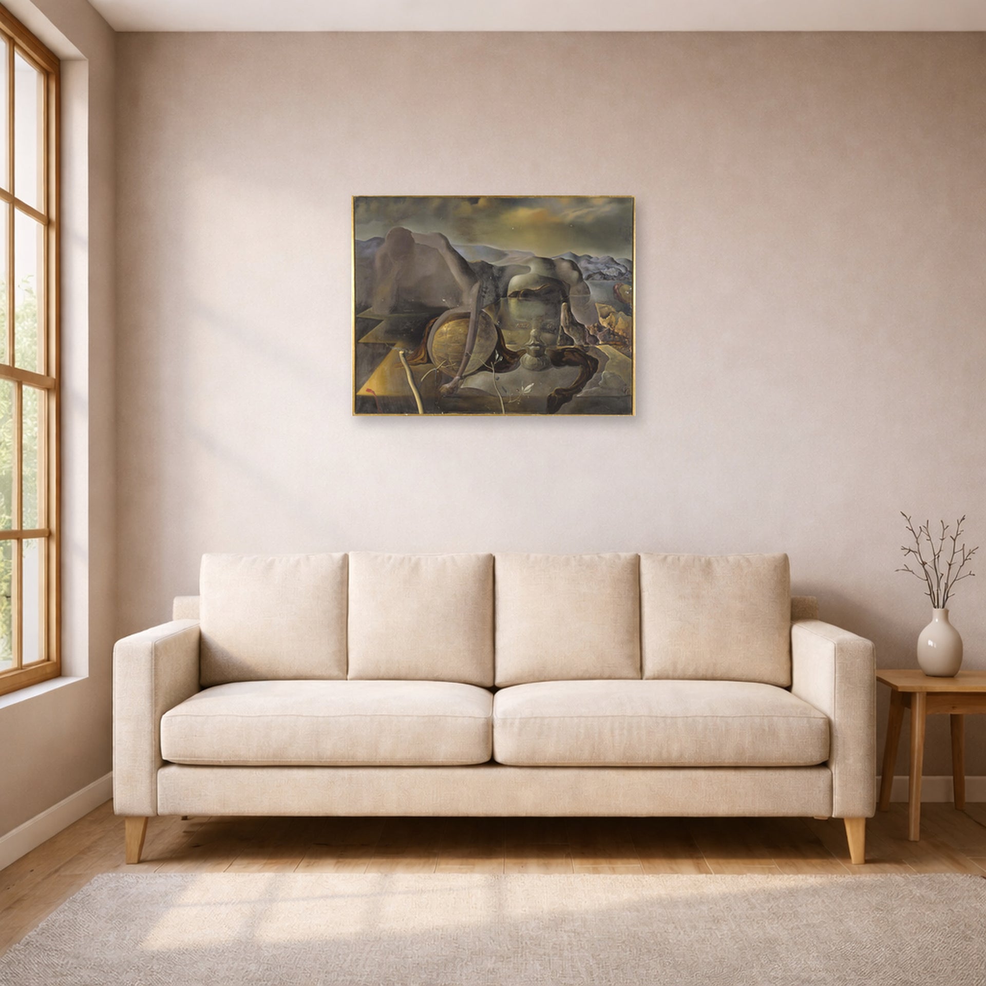 Unframed poster print of Salvador Dali's Endless Enigma displayed on a wall in a living room