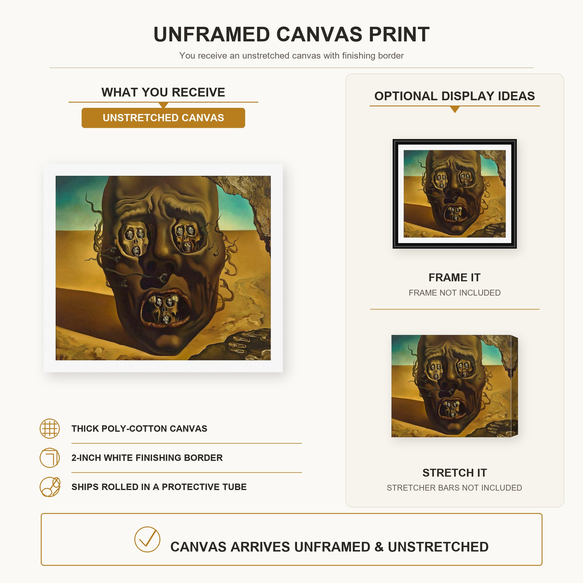 Salvador Dali - Face of War canvas print size comparison and framing display infographic