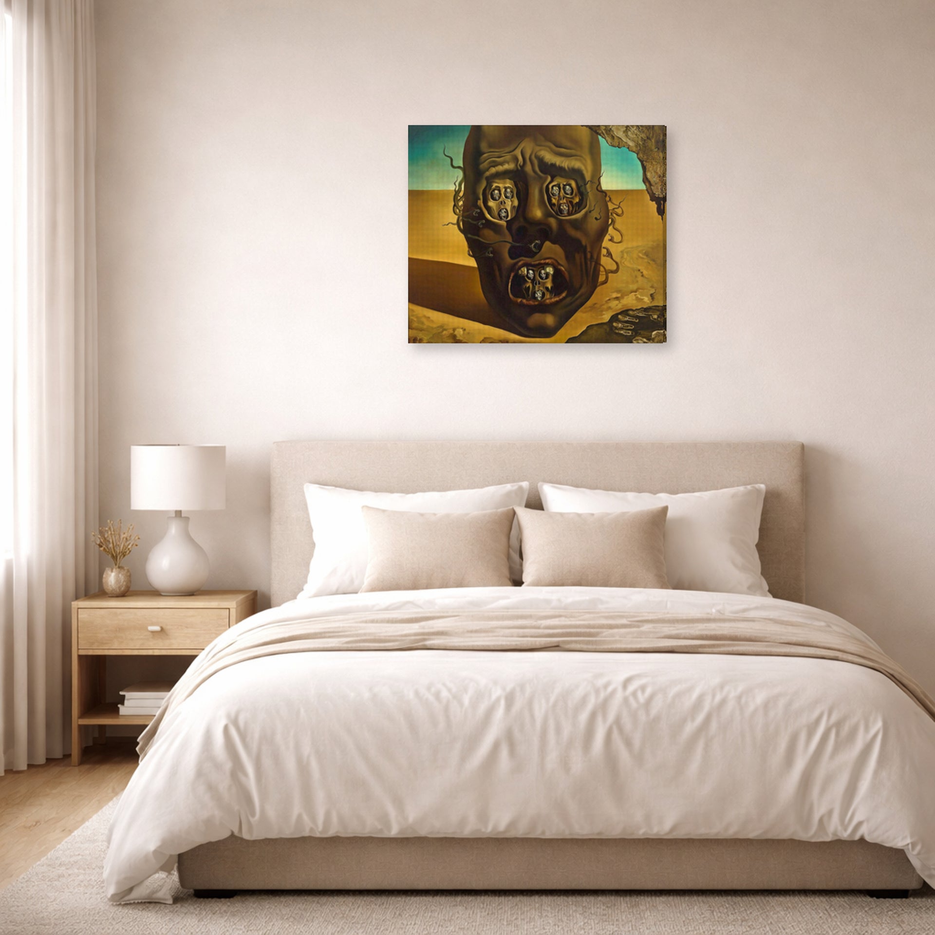 Gallery-wrapped canvas print of Salvador Dali's Face of War displayed on a wall in a bedroom