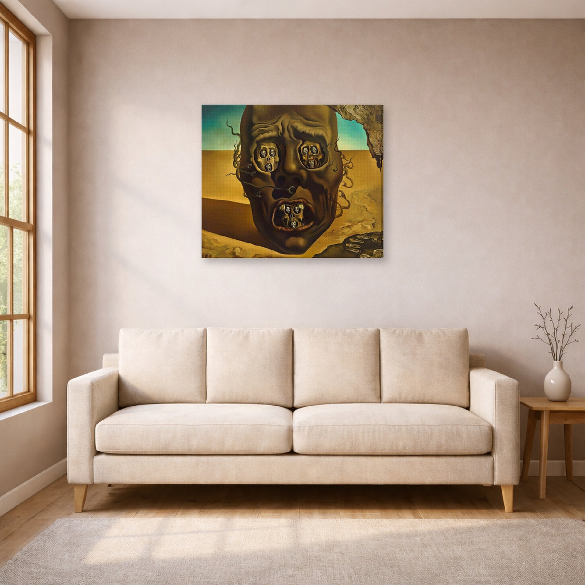 Gallery-wrapped canvas print of Salvador Dali's Face of War displayed on a wall in a living room