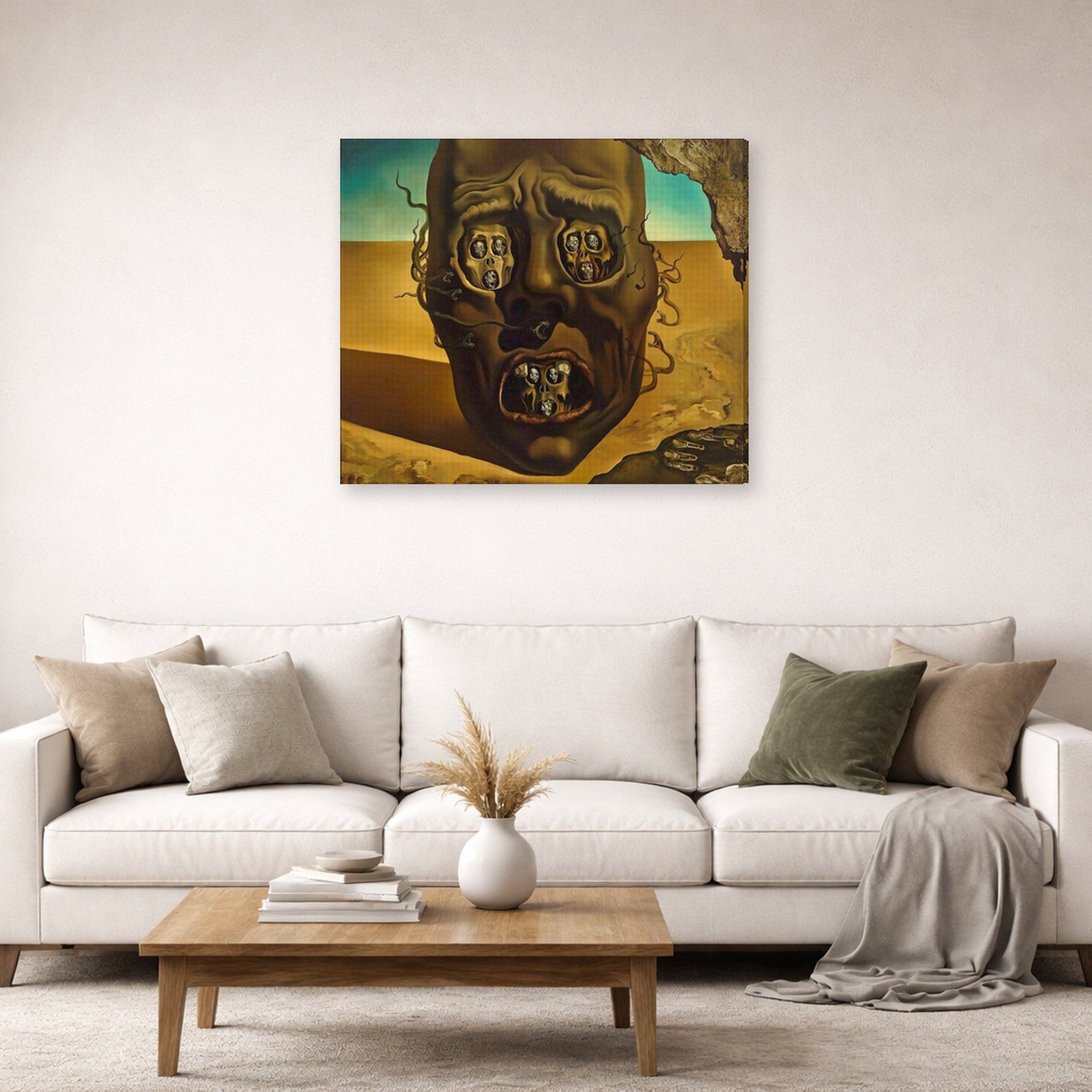 Gallery-wrapped canvas print of Salvador Dali's Face of War displayed on a wall in a living room