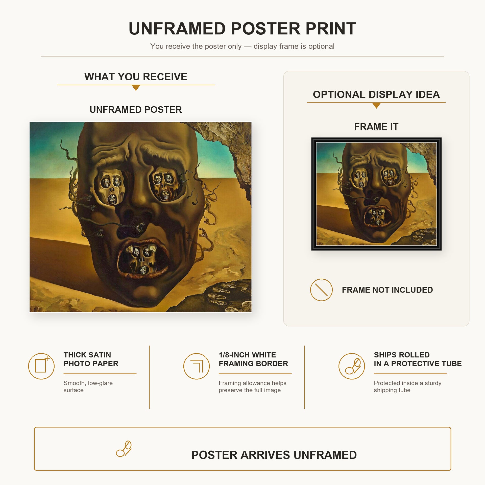 Salvador Dali - Face of War poster print size comparison and framing display infographic