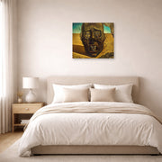 Unframed poster print of Salvador Dali's Face of War displayed on a wall in a bedroom