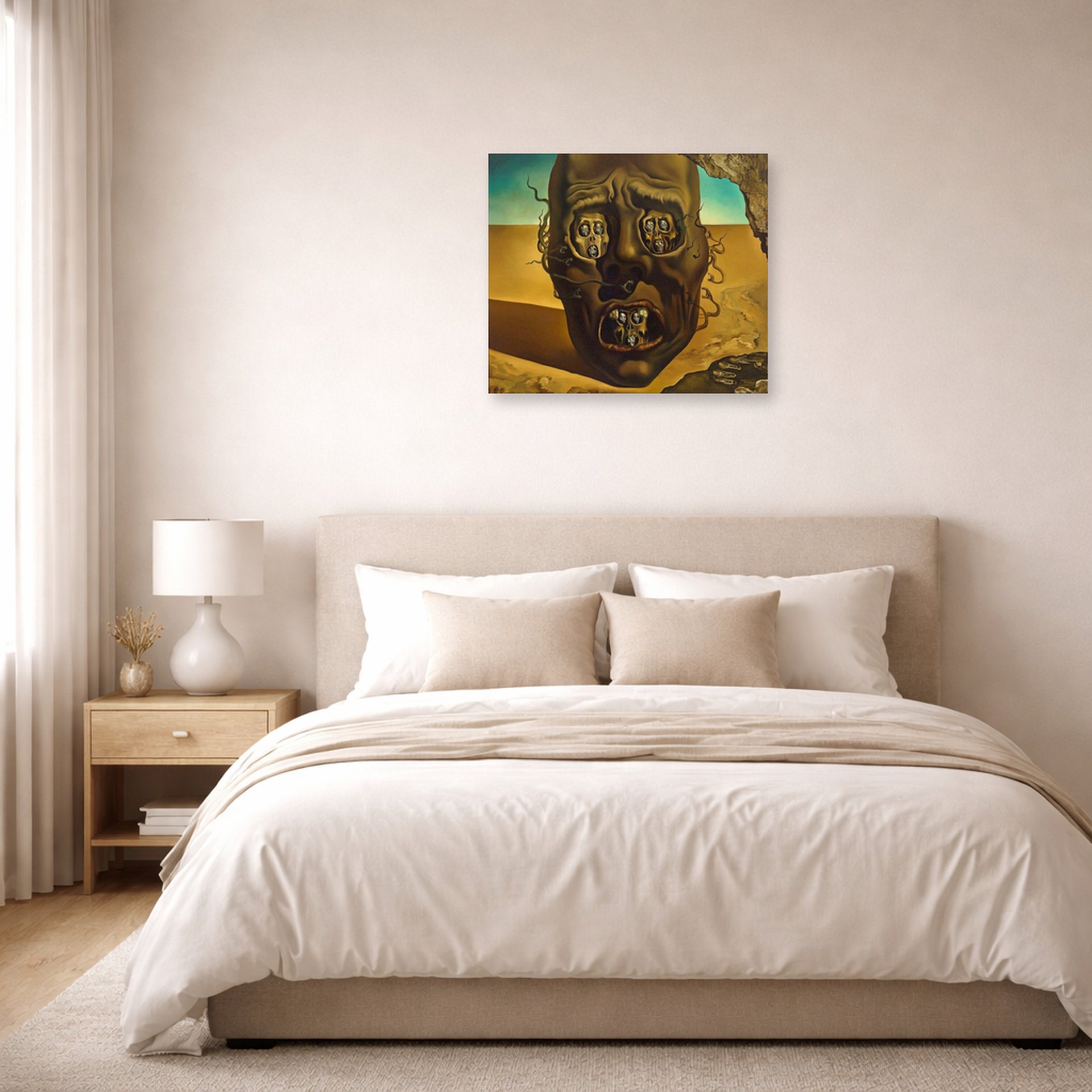 Unframed poster print of Salvador Dali's Face of War displayed on a wall in a bedroom