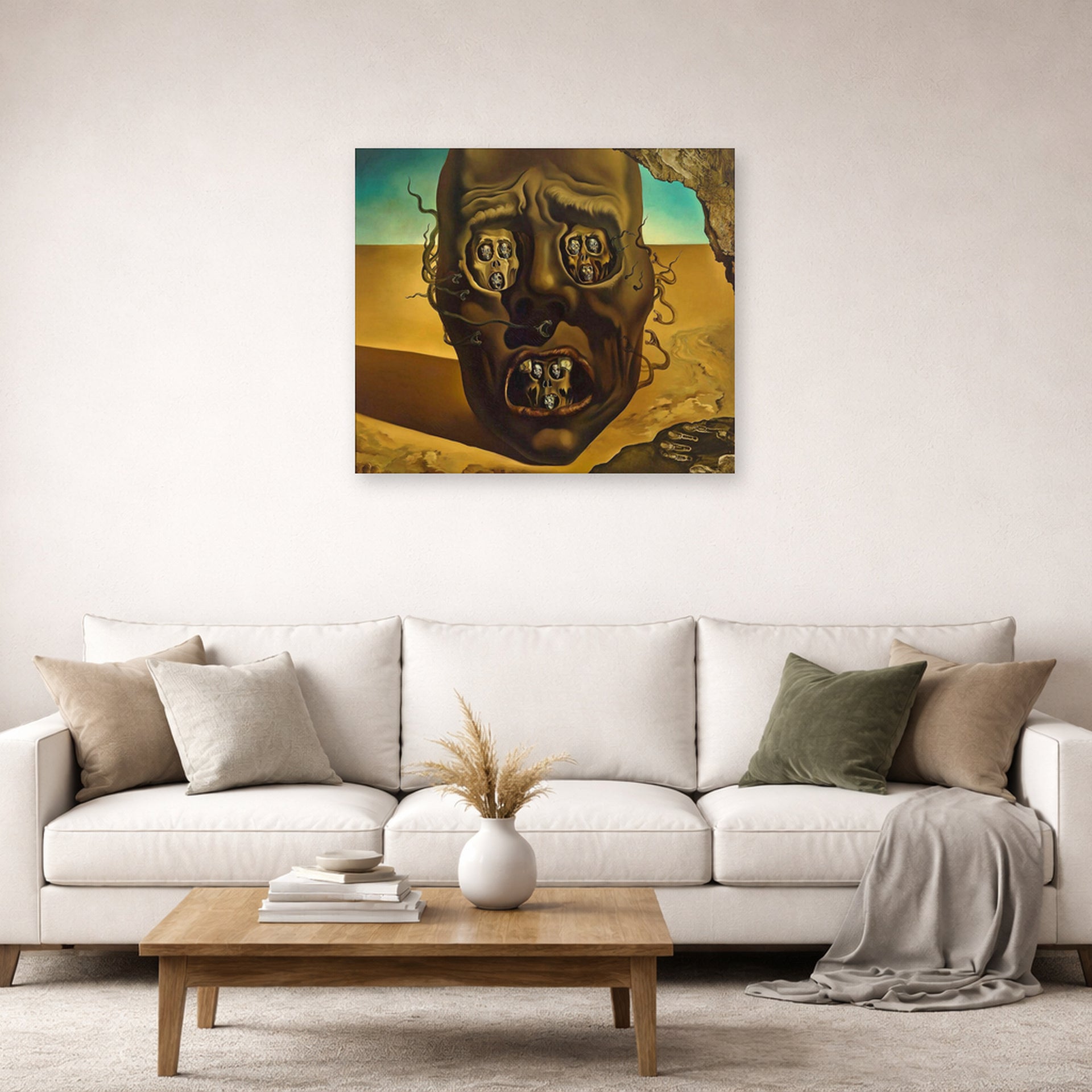 Unframed poster print of Salvador Dali's Face of War displayed on a wall in a living room