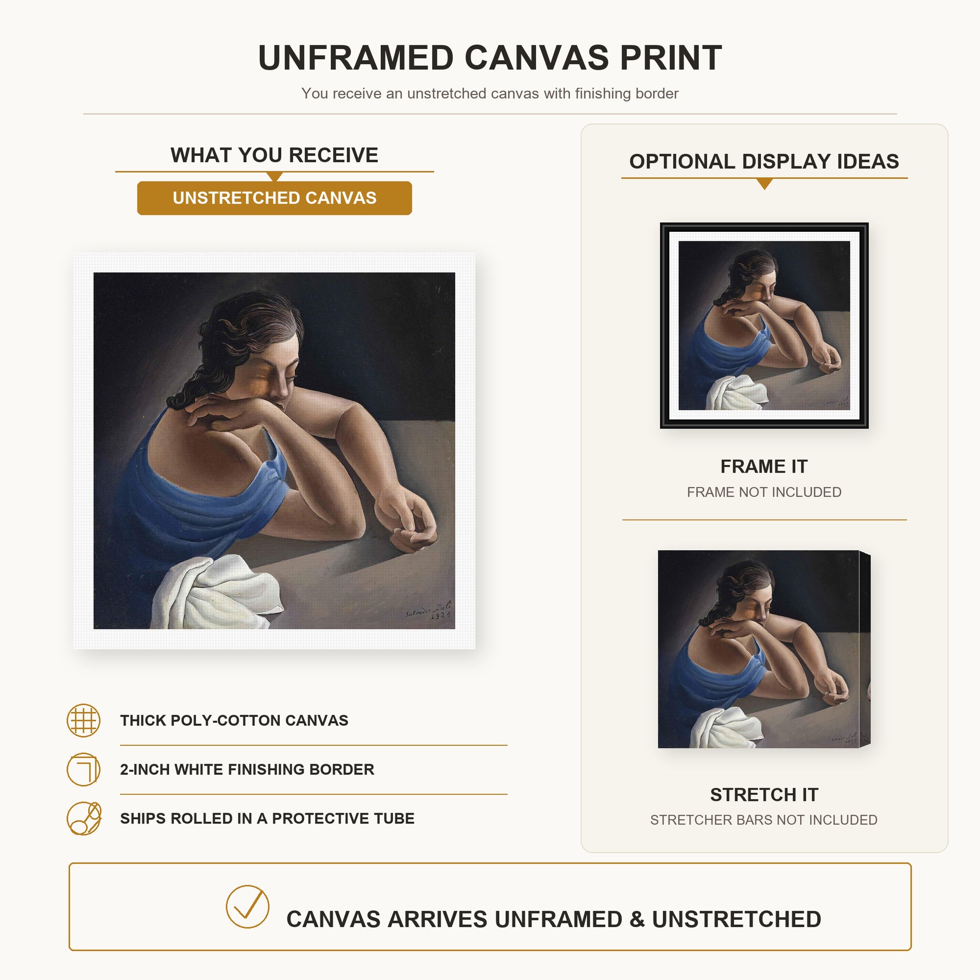 Salvador Dali - Figure in a Table canvas print size comparison and framing display infographic