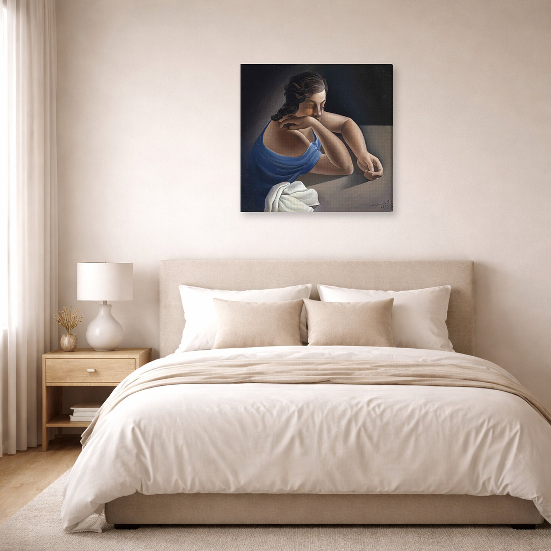 Gallery-wrapped canvas print of Salvador Dali's Figure in a Table displayed on a wall in a bedroom